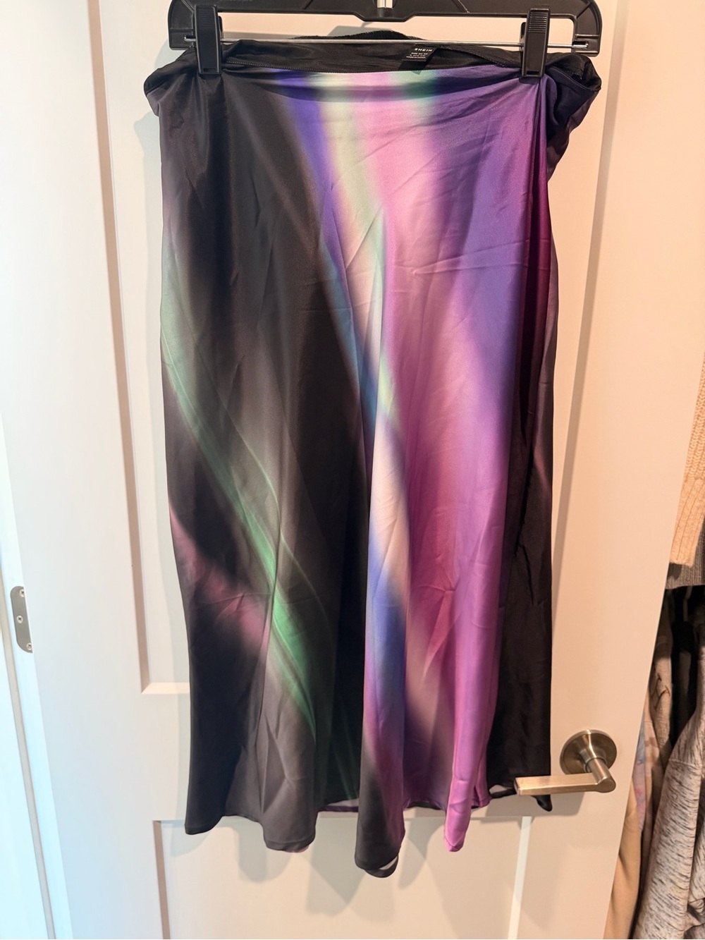 SHEIN Black Satin Midi Skirt with Purple & Green Gradient